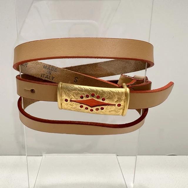 Fabio Corti Skinny Tan Leather Belt Brass Inlay Buckle Women\'s Sz S Italian Made Fabio Corti TAN BROWN CROCO LEATHER 1 main image 4