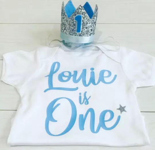 Personalised Boys First 1st Birthday Outfit Cake Smash Set & Crown Hat Baby Blue