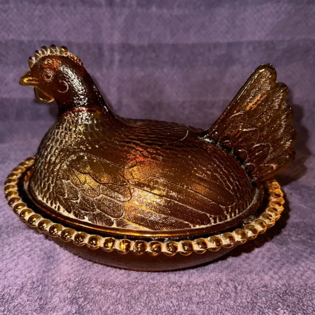 Vintage Hen on Nest Amber Glass 7”