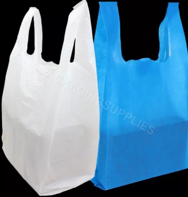 White Or Blue Plastic Bags With Handles Carrier Bags Vest Style Strong