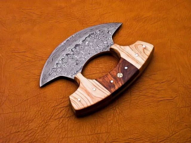 Custom Handmade Damascus Steel Chef Kitchen Ulu Knife Wood Handle Leather Sheath 2