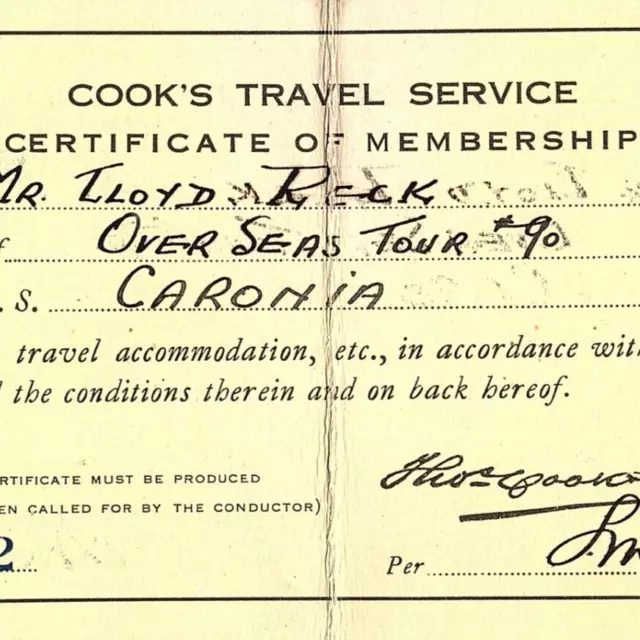 1940s Cook's Travel Service Membership Card RMS Caronia Cunard Line Overseas
