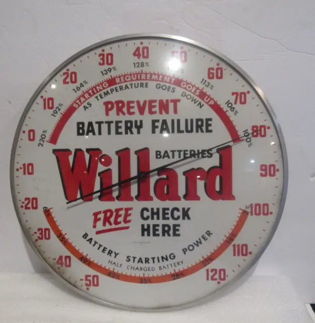 Vintage Willard Batteries Prevent Failure 14" Round Wall Advertising Thermometer