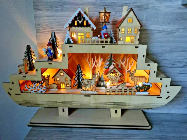 LED Tisch/Fenster Deko-riesiges Holz Weihnachtsschiff-45 cm-Winterdorf--Handarb.