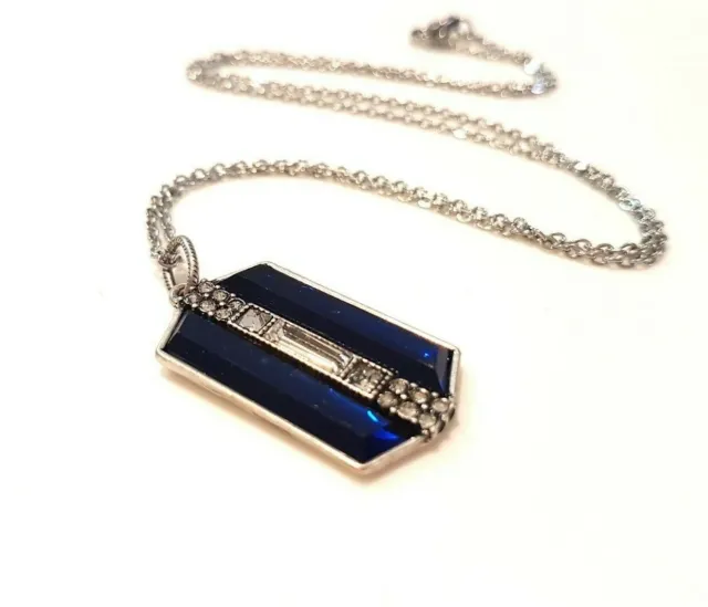 Vintage Art Deco Sapphire Necklace geometric silver blue rectangle crystals