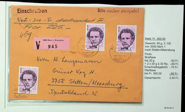 SEPHIL SWITZERLAND 1977 3v FAMOUS PERSON ON BERN V MAIL COVER TO STETTEN GERMANY