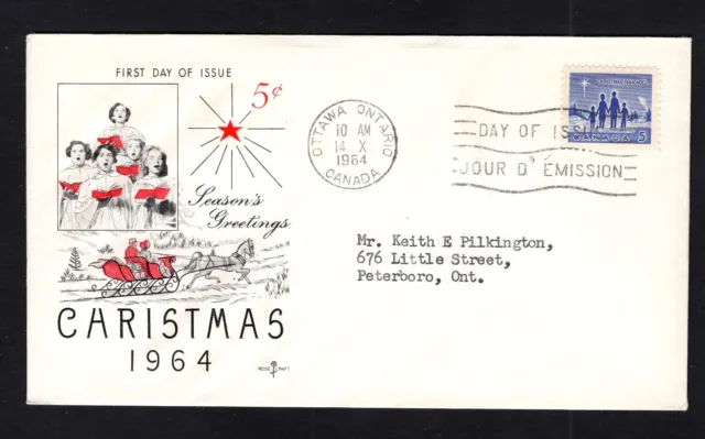 Canada #435  (1964 5c Christmas) FDC  Rosecraft-B cachet addressed - typed