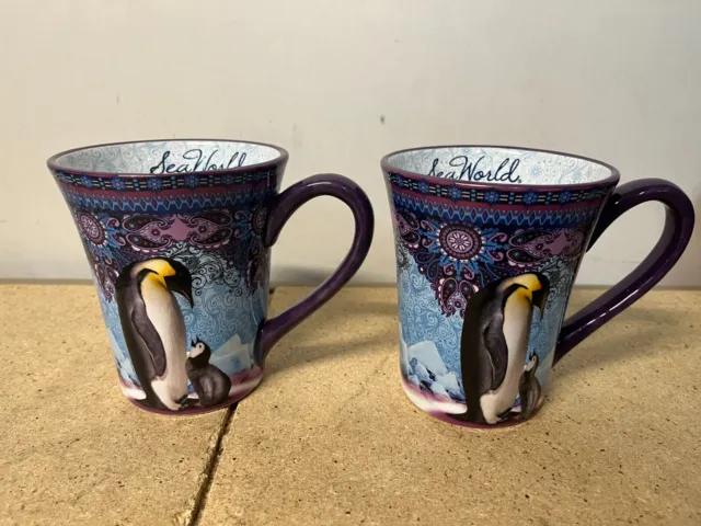 Sea World Parks 3D Embossed Purple Penguin Coffee Cup Mug Set Of 2