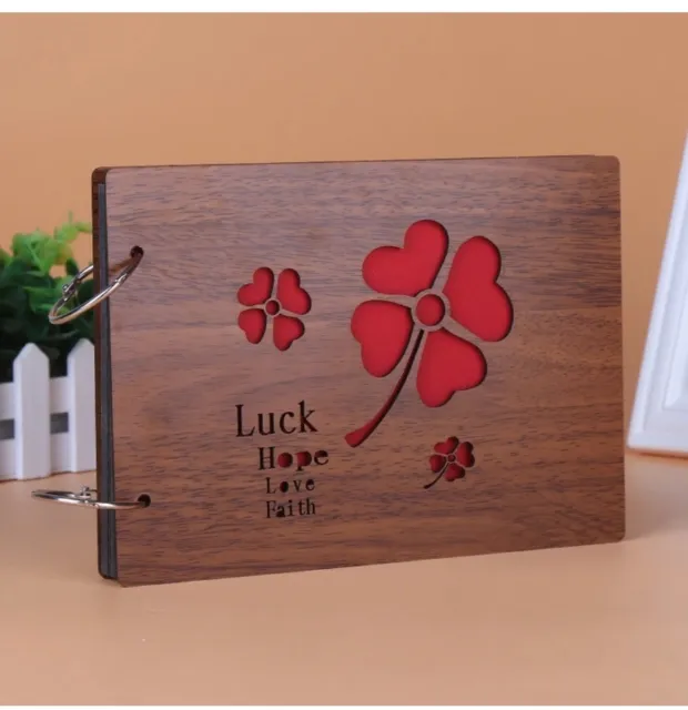 Luck Clover Leaf DIY 30Pgs 22 x 16cm Wood Cover 2 Rings Photo Album Scrapbook
