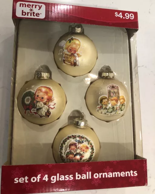 2007 Merry Brite Angel Glass Christmas Balls Set of 4 NOS w/Box