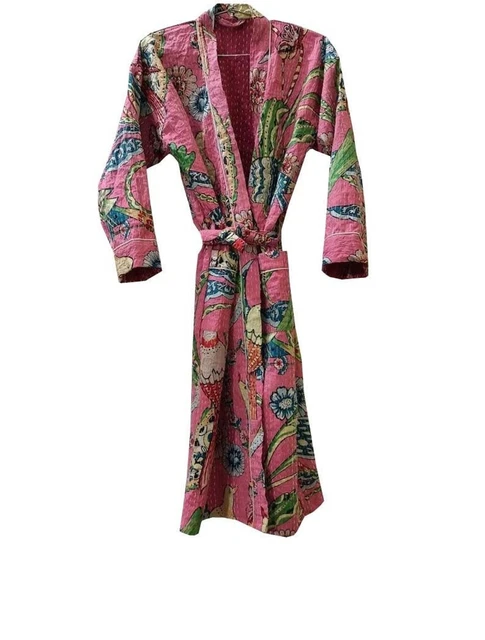 Indian Pure Cotton Women Boho Kantha Quilted Jacket Kimono Coat Bath Robe Dress