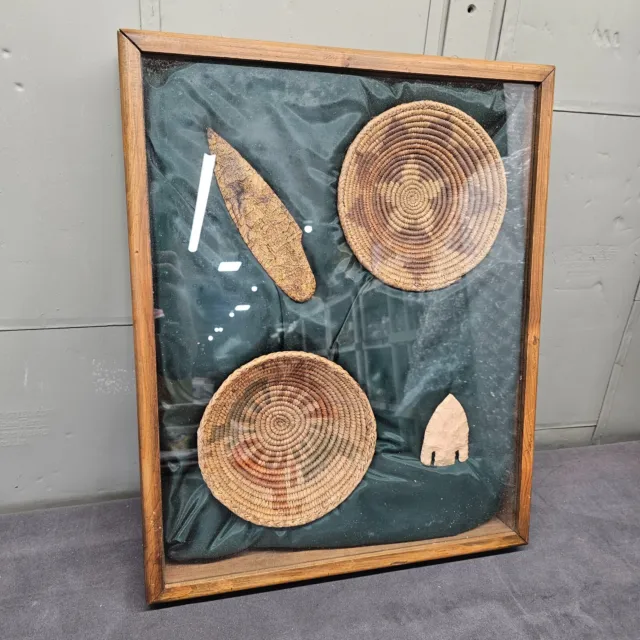 Antique Navajo Wedding Baskets with Arrowheads In Display Case
