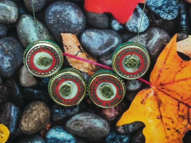 Nepalese Tibetan Vintage OM Huge Shells Coral Turquoise 4 Beads Beautiful Art