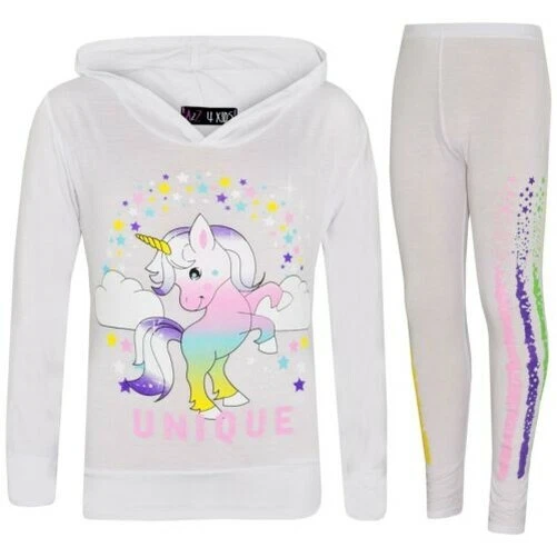Bambine Dabbing Unicorn Unico con Cappuccio Top Rosa & Set Leggings Floss