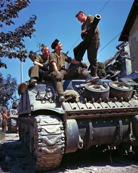 New 8x10 World War II Photo: Canadian Crew of M4 Sherman Tank, Vaucelles