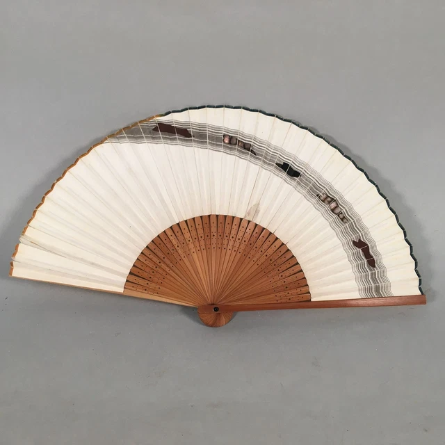 Japanese Folding Fan Vtg Sensu Paper Wood Frame Brush Mark 4D463