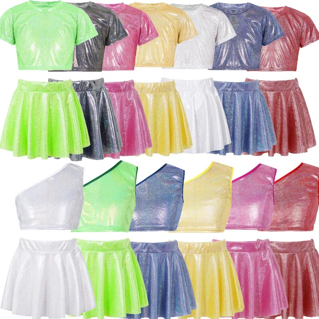 Gonna per bambine lucide metallizzate a spalla singola crop top costumi latini moderni
