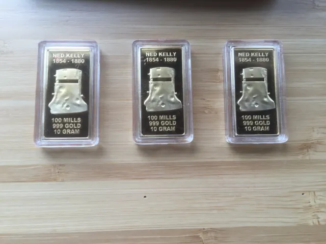 Ned Kelly Unique Boxed Set Of 3 / 10 Gram Gold Ingots - Finished In 24K Gold  - 3
