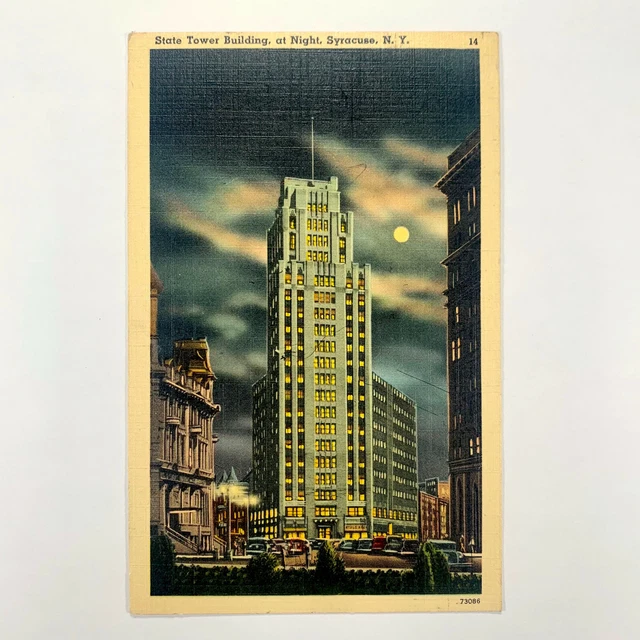 Postcard New York Syracuse NY State Tower Building Night 1940s Linen Unposted