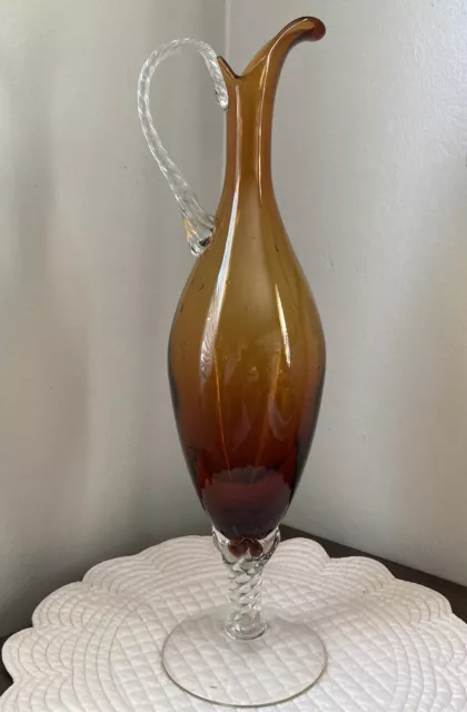 EMPOLI VENETIAN AMBER GLASS DECANTER Twisted clear Pedestal/Handle (no stopper)