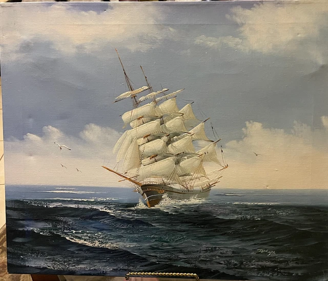 Nautical Tall Ship Sailing ocean oil painting signed Hewitt Jackson
