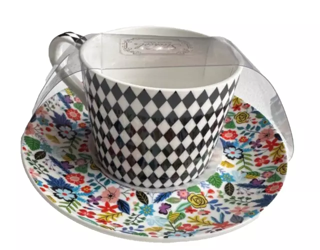 Stechcol Gracie China Mad Hatter Set Cup & Saucer Set Floral Black White Checked