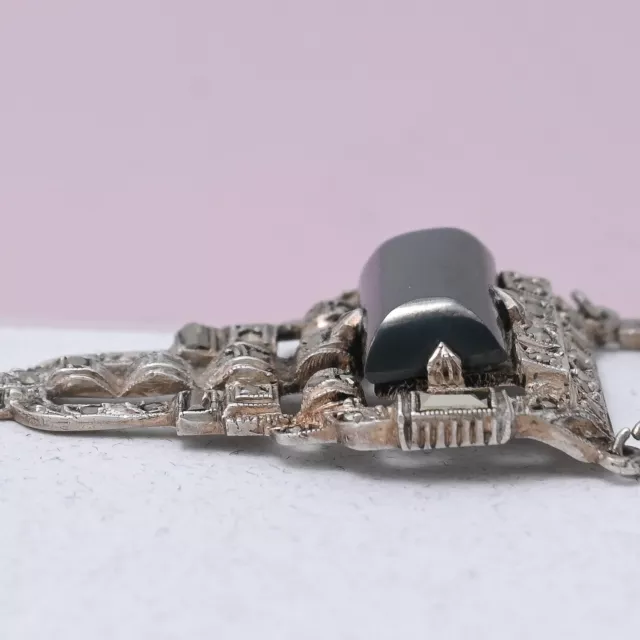 Vtg 1930s Art Deco HEMATITE Sterling Silver Marcasite Necklace 2