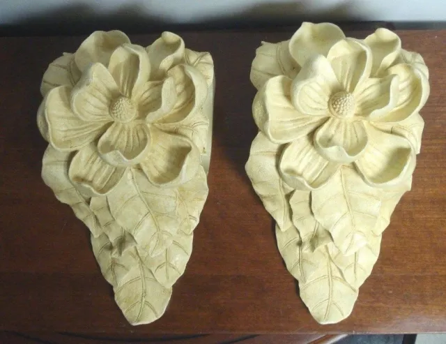 vtg Drapery curtain rod Wall Sconce Corbel MAGNOLIA flower Resin Swag Holder