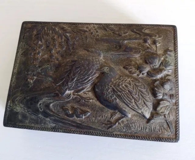 Vintage Copper Metal Trinket Cigarette Box Bird Design 2