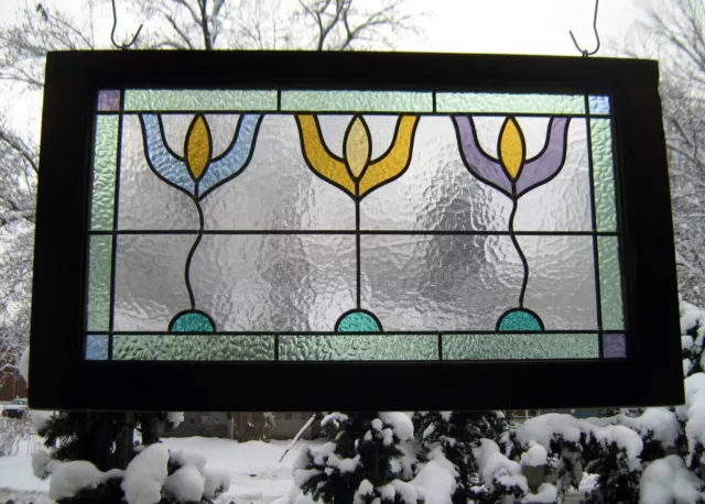 framed stained glass panel*large flower leaded window decor*antique wood frame