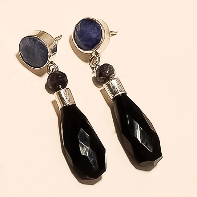 Natural Egyptian Black onyx, Sapphire Earrings 925 Sterling Silver Jewelry Gifts