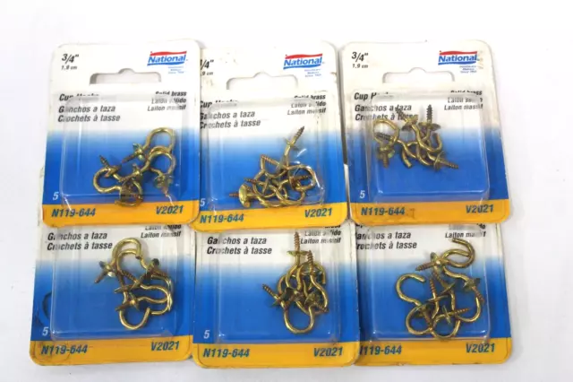 30 Pcs. (6 pks of 5) NOS NATIONAL HARDWARE N119-644 3/4" CUP HOOKS SOLID BRASS