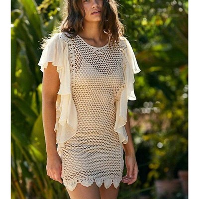 NWT Free People Broken Hearts Crochet Ruffle Mini Dress In Antique $298 Medium