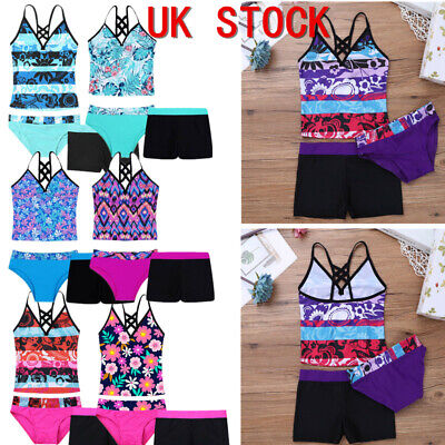 UK Kid Girls Tankini Swimsuit Floral Printed Tank Top Bikini Bottom Set Swimwear