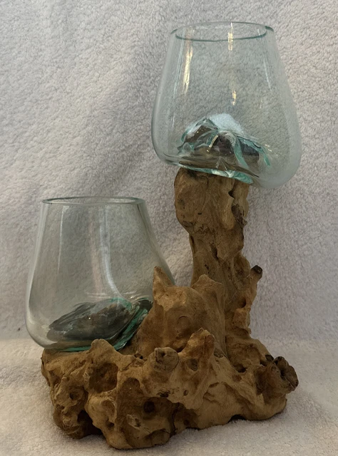 Glass On Teak Driftwood 2 Hand Sculpted Molten Bowl/Plant Terrarium/ Fish Bowl