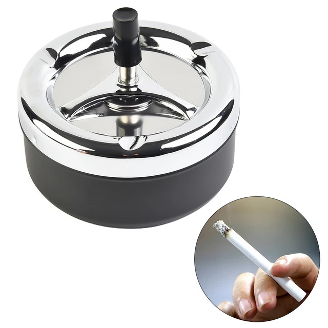 Cendrier en métal avec fonction rotative design moderne noir chrome 14 cm de di