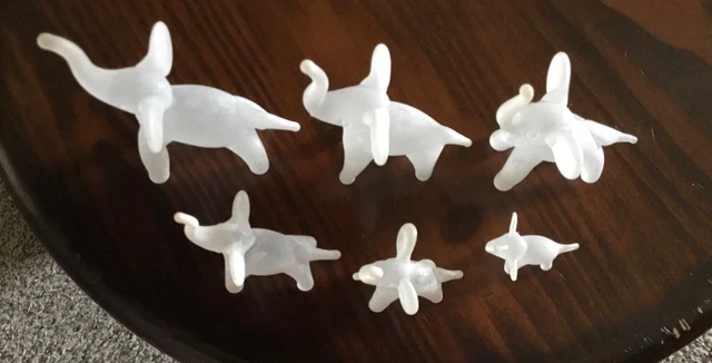 Miniature SATIN FROSTED GLASS ELEPHANT Family Of 6 Trunks Up For Good Luck