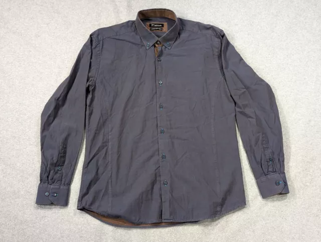 Maceoo Shirt Mens 4/L Brown Blue Canvas Twill Italian Fabric Button Down Retro