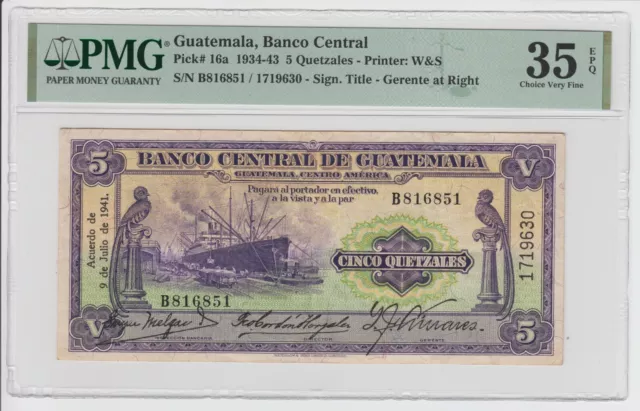 Guatemala 5 Quetzales 1941 P16a 35 EPQ Rare Sig Key Currency Bill Bird Boat