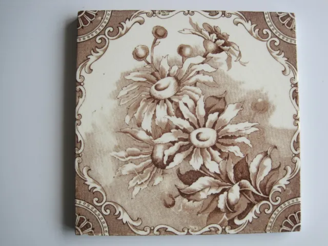 ANTIQUE VICTORIAN BROWN FLORAL TRANSFER PRINT WALL TILE T & R BOOTE No.441