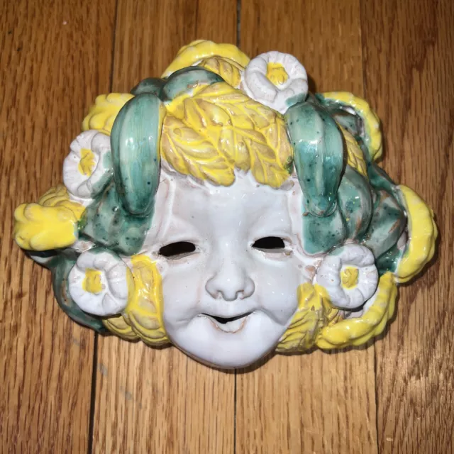 Vintage 1950s Majolica Italian Seasons Pottery Face Mask Wheat Flowers