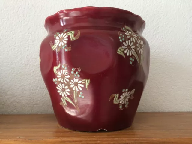 Ancien Cache-pot En émail Décor Marin Orange - H 17 Cm, D 32 Cm