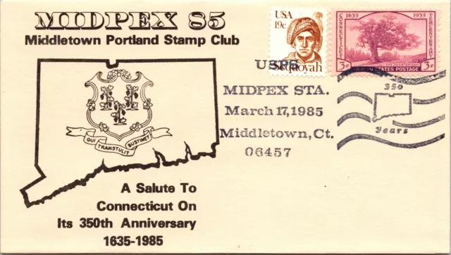 350th ANNIVERSARY OF CONNECTICUT CACHET EVENT COVER AT MIDPEX 1985