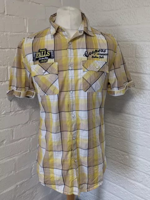 Retro Lee Cooper Short Sleeve Shirt - Size M - Yellow & White - Check - P2P 21"