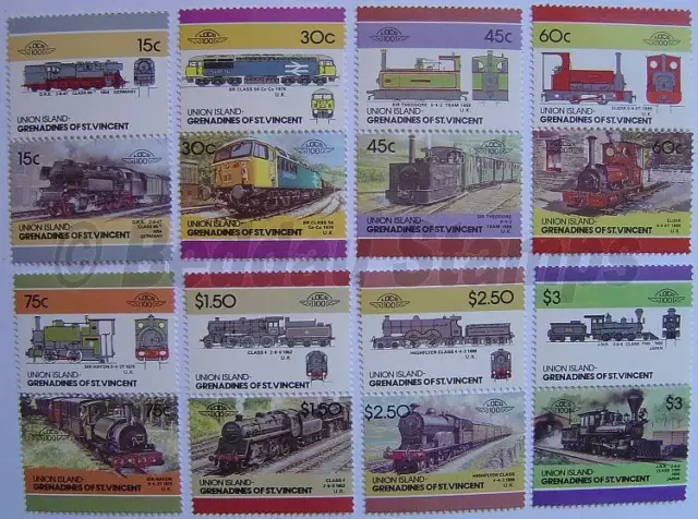 1986 UNION ISLAND Set #4 timbres de chemin de fer locomotive de train (Leaders of the World)