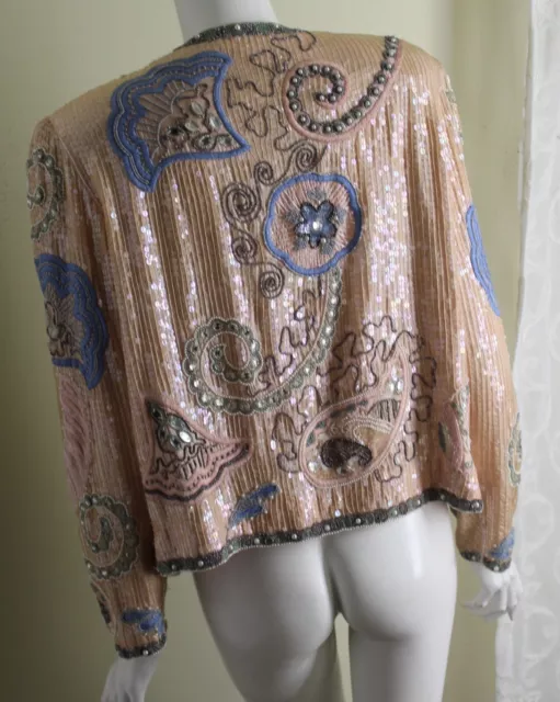 Estate Deco Wow Talla M L Art-To-Wear Rosa Seda Cuentas Lentejuelas 80s 90s Glam