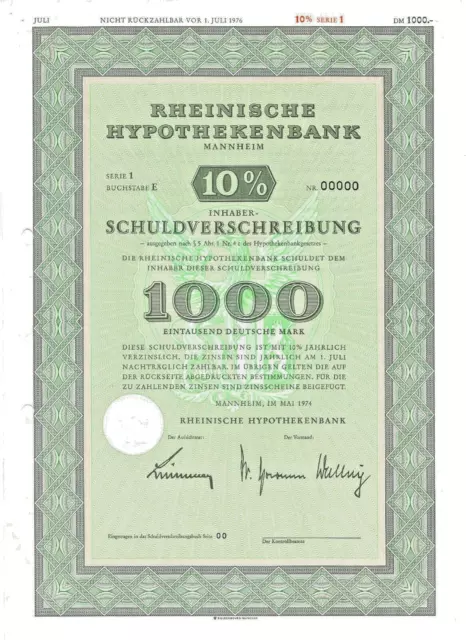 Probedruck Schuldverschreibung Rheinische Hypothekenbank Mannheim 1000DM 1974