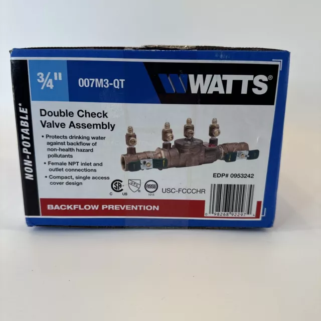 Watts Double Check Valve Assembly 007M3-QT 3/4 in Backflow Preventer Female NPT