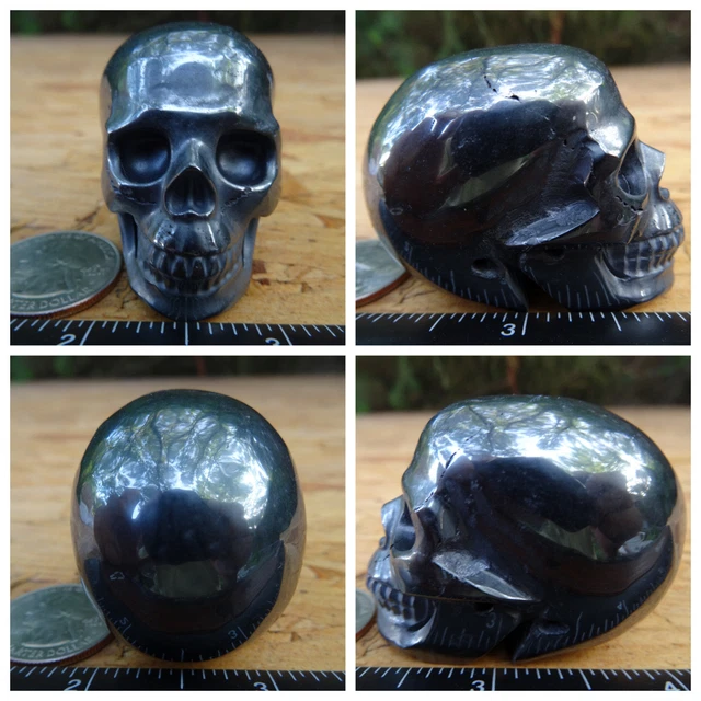 2.09" Hematite Skull Carved Stone 204.7g 7.2oz Crystal Healing Realistic