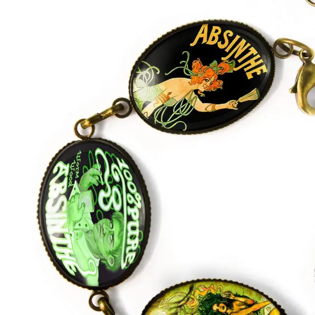 Handmade Green Absinthe Fairy Art Nouveau Victorian Deco Bronze Charm Bracelet